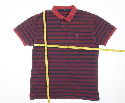 GANT Men's Red and Navy Striped 2XL Cotton Polo Shirt