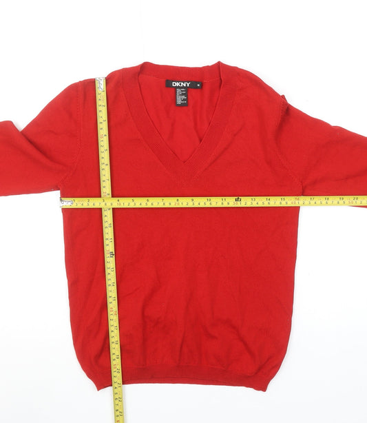 DKNY Women's Red Wool V-Neck Jumper Size M