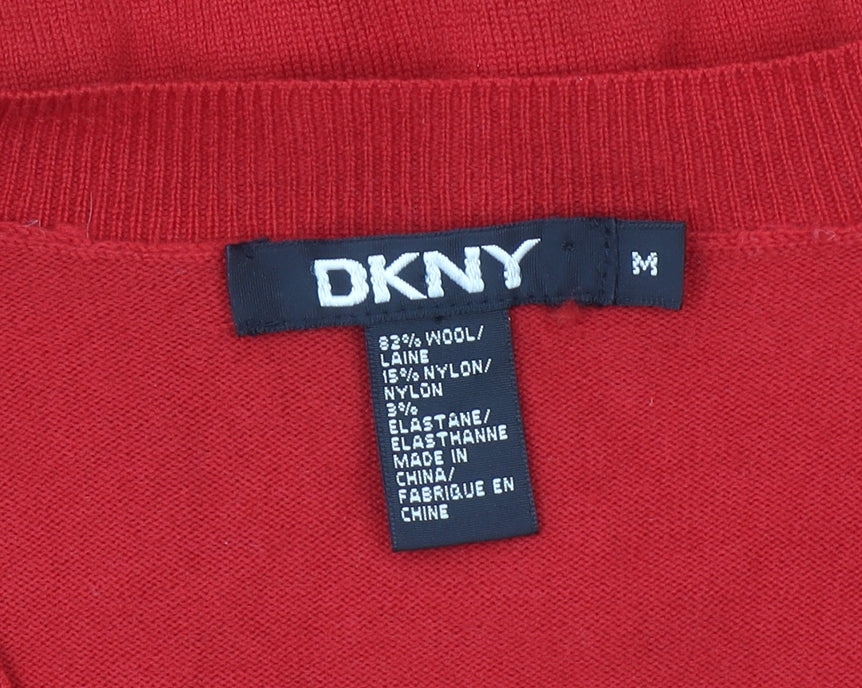DKNY Women's Red Wool V-Neck Jumper Size M