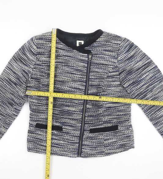 Jensen Womens Blue Tweed Collarless Biker Jacket Size 8