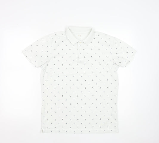 Uniqlo Men's White Anchor Print Polo Shirt Size L Short Sleeve