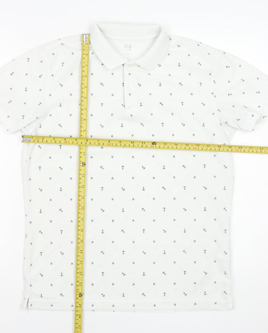 Uniqlo Men's White Anchor Print Polo Shirt Size L Short Sleeve
