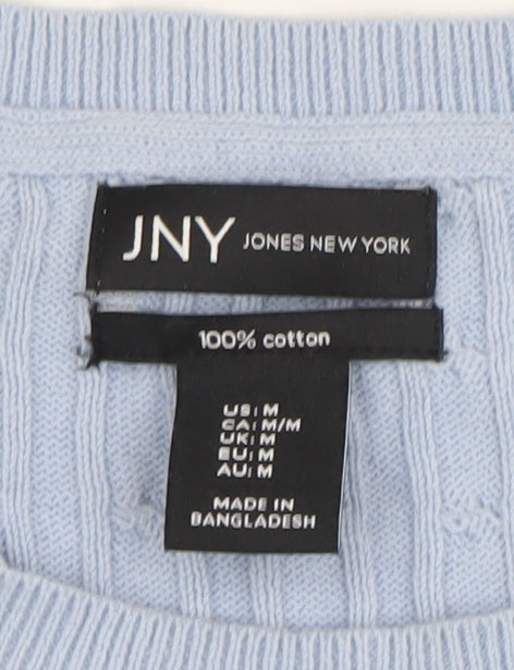 Jones New York Women's Blue Cable-Knit Crew Neck Jumper Size M Cotton