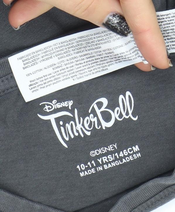 Brand and care label for Disney Tinker Bell girls’ black graphic t-shirt 10-11 years cotton
