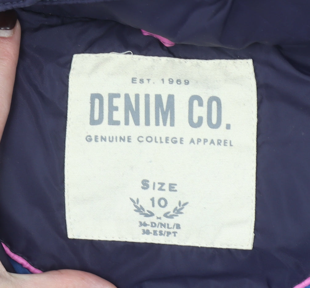 Brand and care label for Denim Co. women’s blue faux fur hooded puffer gilet, size UK 10