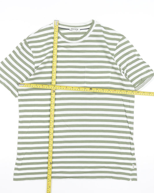 Jaeger Men Green White Striped Cotton Crew Neck Short Sleeve T-Shirt M