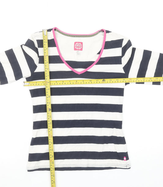 Joules Womens Blue Striped V-Neck 3/4 Sleeve Cotton T-Shirt Size 10
