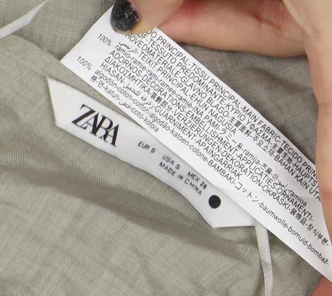 ZARA Women Beige Cotton Long Sleeve Button Blouse Size S