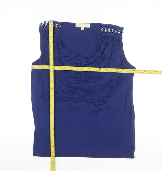 Michael Kors Women's Blue Studded Cowl Neck Sleeveless Jersey Top Size M