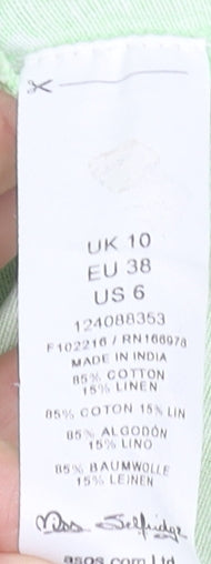 Brand and care label for Miss Selfridge Women's Green Floral A-Line Puff Sleeve Dress, size 10