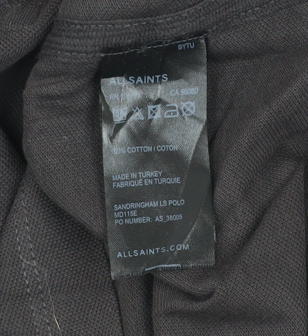 AllSaints Men's Black Long Sleeve Cotton Polo Shirt Medium