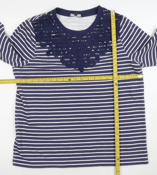Bonmarché Women Navy White Stripe Floral Lace Long Sleeve Pullover Size 14