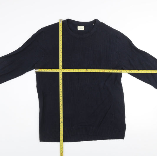 Jack & Jones Men’s Blue Cotton Waffle Knit Crew Neck Jumper Size L