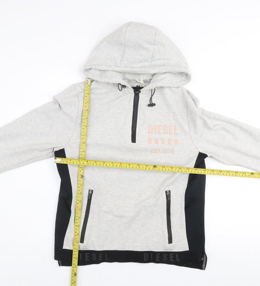 Diesel Women Grey Hoodie Large 1/4 Zip Lined Cotton Blend Hooded Sweatshirt