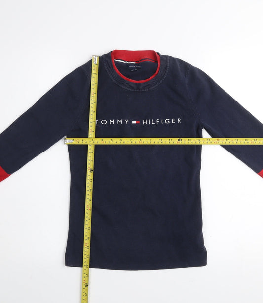 Tommy Hilfiger Womens Blue Red Crew Neck Cotton Jumper Size S