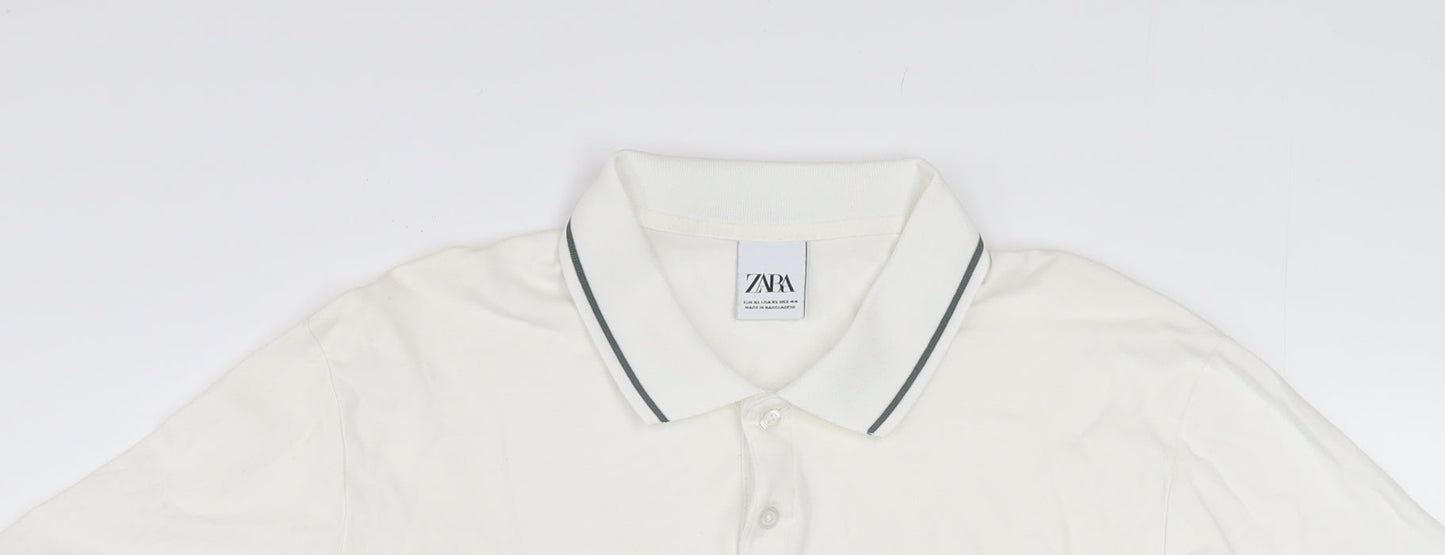 Zara Men's White XL Cotton Short Sleeve Polo Shirt