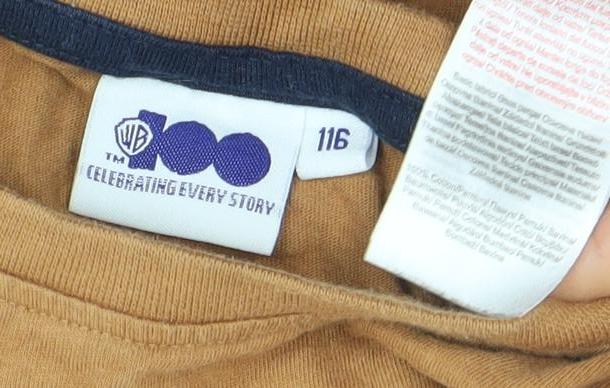 Brand and care label for Warner Bros boys’ brown long sleeve looney tunes superhero t-shirt 116cm