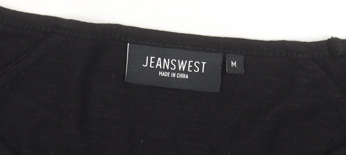 Jeanswest Women's Black Cotton Tunic Blouse Size M 3/4 Sleeve Crochet Detail