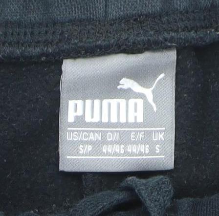 Brand and care label for Puma Men's Black Jogger Sweatpants, size S, Regular Fit Tapered Fleece