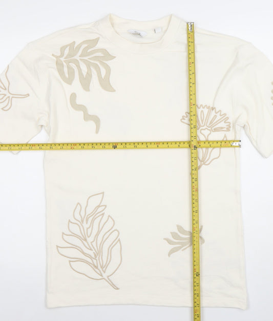 Next Men's Ivory Floral Embroidered Cotton T-Shirt XS