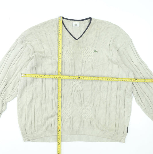 Lacoste Men's Beige Cable-Knit V-Neck Jumper Size 2XL