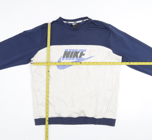 Nike Men's Blue Beige Pullover Sweatshirt L Crew Neck Logo Zip Pockets