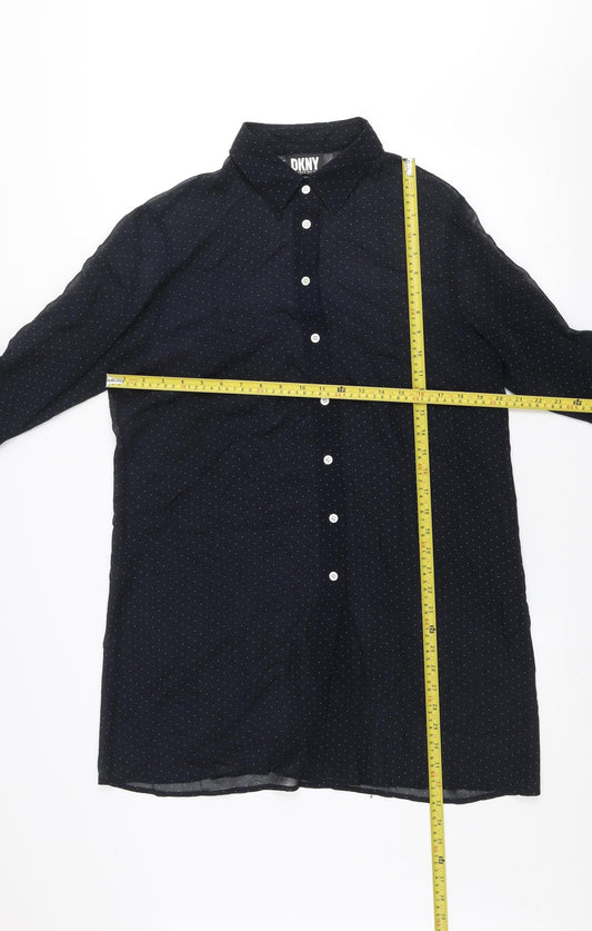 DKNY Women Black Polka Dot Silk Button-Up Long Sleeve Shirt L