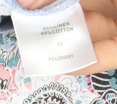 Paco Boutique Women Blue Paisley Linen Cotton Sleeveless Shift Dress Size 12