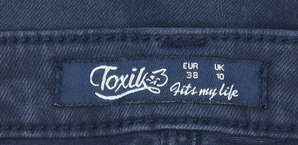 Brand and care label for Toxik3 Women’s Blue Skinny Stretch Mid Rise Denim Jeans, size UK 10