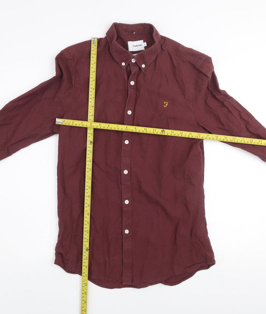 Farah Men's Burgundy Slim Fit Button-Up Cotton Long Sleeve Shirt M