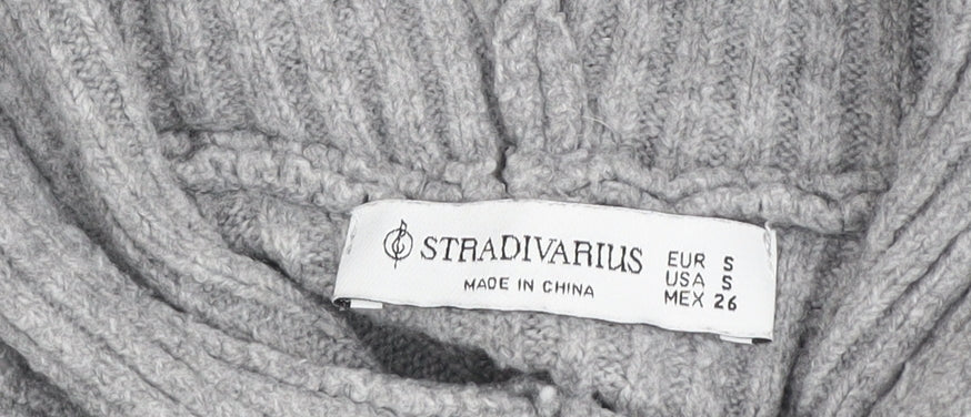 Stradivarius Womens Grey Ribbed Knit Pullover Hoodie Size S