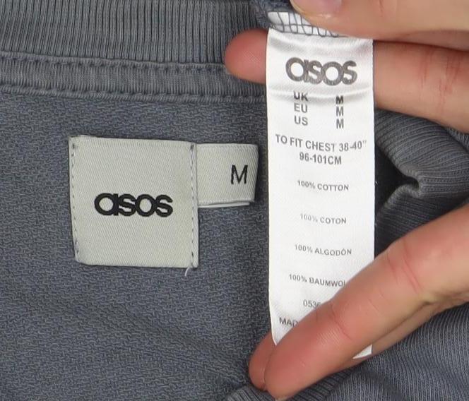 Brand and care label for ASOS Men Blue M Crew Neck Long Sleeve Pullover Sweatshirt