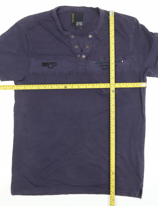 Jack & Jones Men's Blue Henley Short Sleeve Cotton T-Shirt Size L