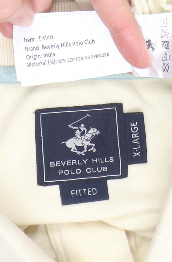 Brand and care label for Beverly Hills Polo Club Men's Beige XL Slim Fit Cotton Polo Shirt