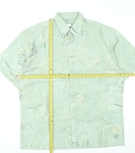 Andros Men's Green Geometric Short Sleeve Button-Up Shirt L