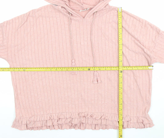 River Island Women Pink Ribbed Short Sleeve Pullover Hoodie Size S