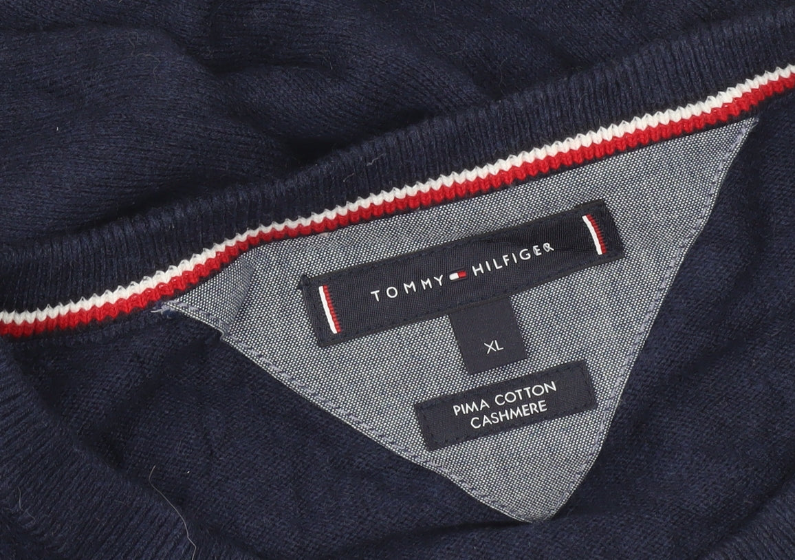 Tommy Hilfiger Men's Blue XL V-Neck Cotton Cashmere Jumper