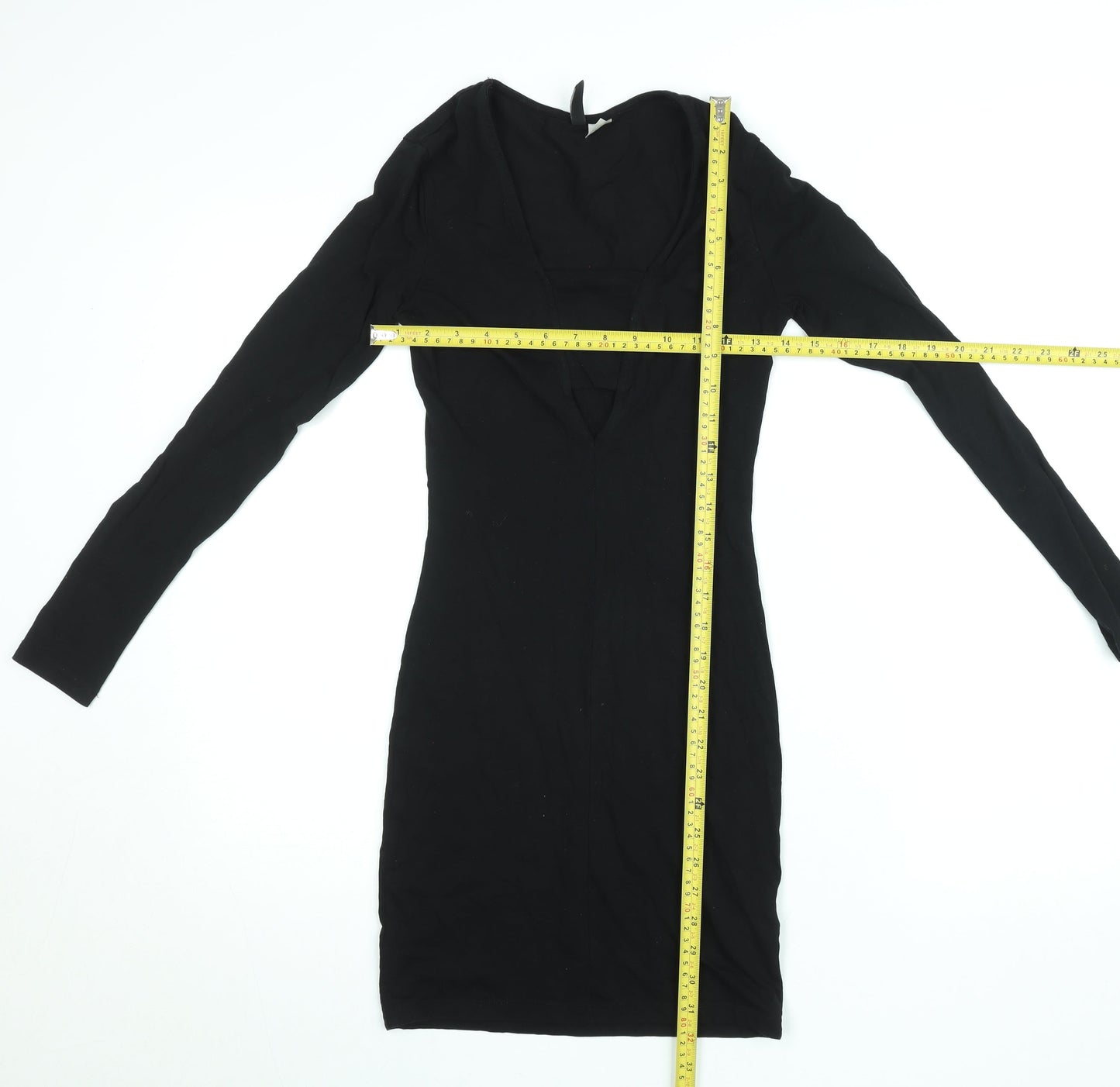 H&M Women Black Bodycon Short Dress Size 6 V-Neck Long Sleeve