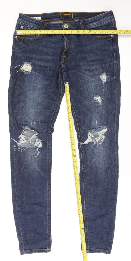 Jack & Jones Men Blue Slim Spray On Tom Skinny Distressed Jeans 32W 32L