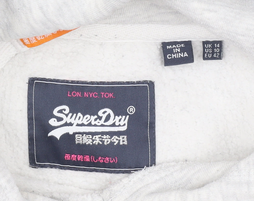 Superdry Women's Grey Hoodie UK 14 Pullover Logo Print Cotton Blend