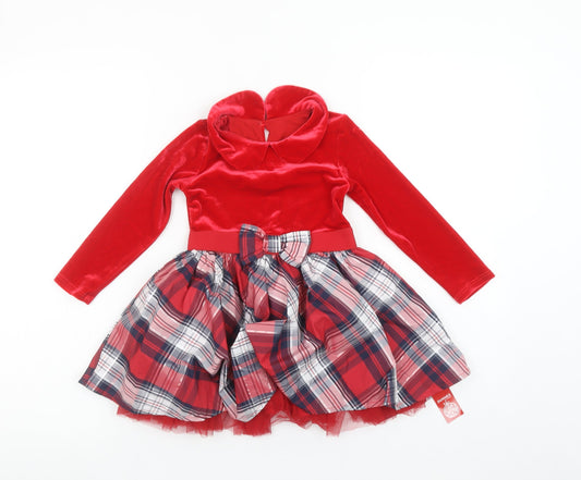 Dunnes Girls Red Velvet Check Bow Fit & Flare Christmas Dress 18-24 Months