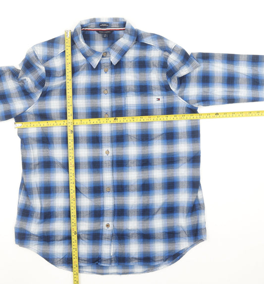 Tommy Hilfiger Women Blue Check Button-Up Shirt Size L Relaxed Fit Cotton Blend