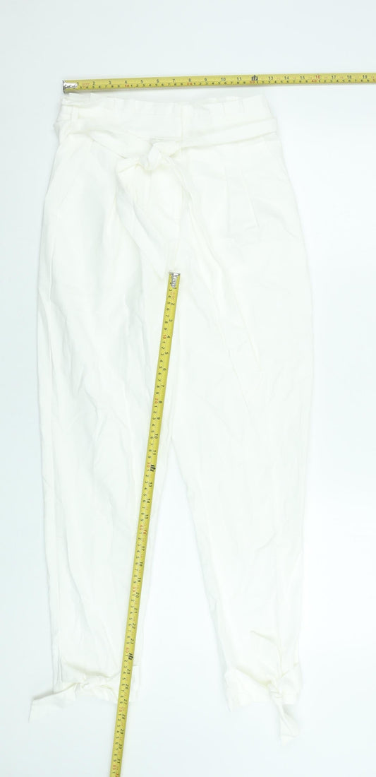 SBetro Women's White Paperbag Belted Cotton Trousers Size S
