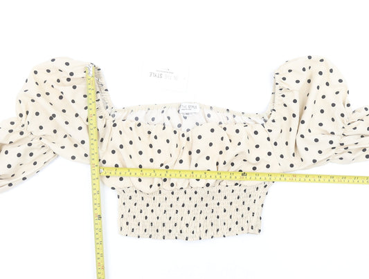 In The Style Women Beige Polka Dot Puff Sleeve Cropped Blouse Size 12