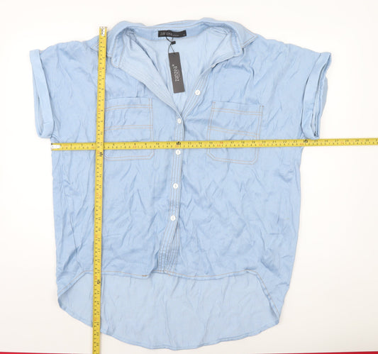 Zanzea Womens Blue Collared Short Sleeve Button-Up Shirt XL Relaxed Fit
