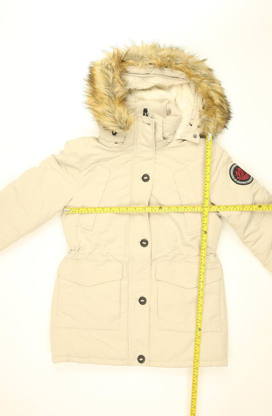 Superdry Women Beige Parka Coat Size 12 Faux Fur Hood Winter Jacket