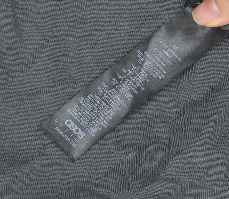 Brand and care label for ASOS Men’s Grey Cotton Crew Neck Pullover Sweatshirt, size M