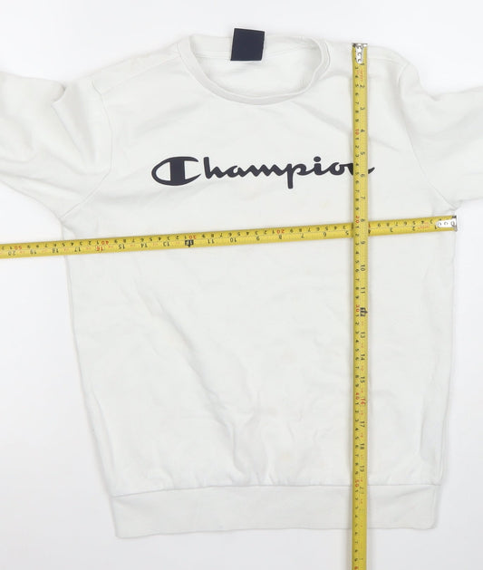 Champion Boys White Pullover Sweatshirt L Regular Fit Crew Neck Logo Fleece