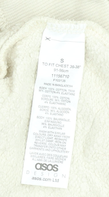 Brand and care label for ASOS Design women’s beige pullover hoodie, size S, cotton blend casual