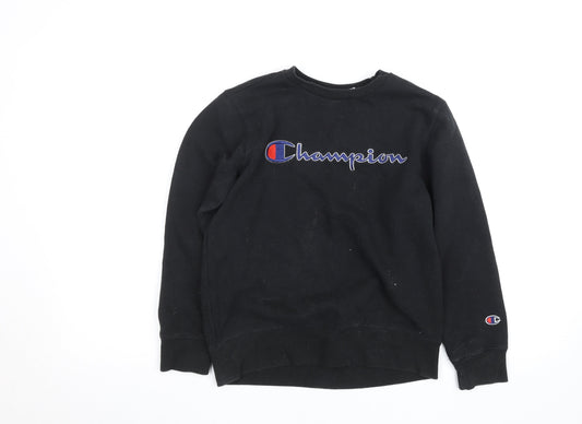 Additional front view of Champion boys’ black fleece pullover sweatshirt m logo crew neck